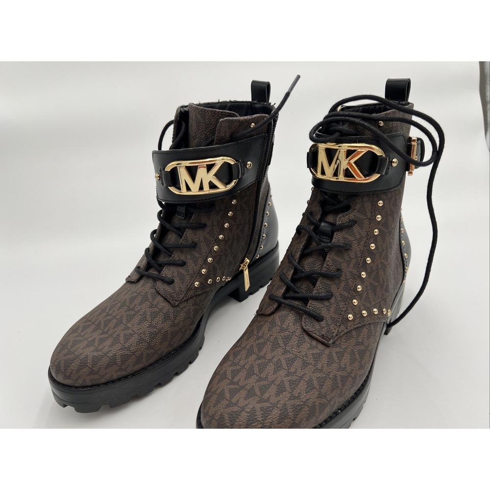 NWOB NEW Michael Kors Kincaid MK Logo Combat Boot Brown & Black Women's size 9.5